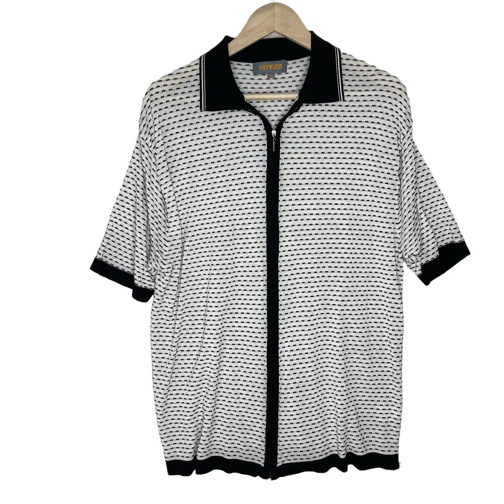Venezzi Men's Silk Blend Knit Cardigan Lightweight Black White Size 2XL Zip Up